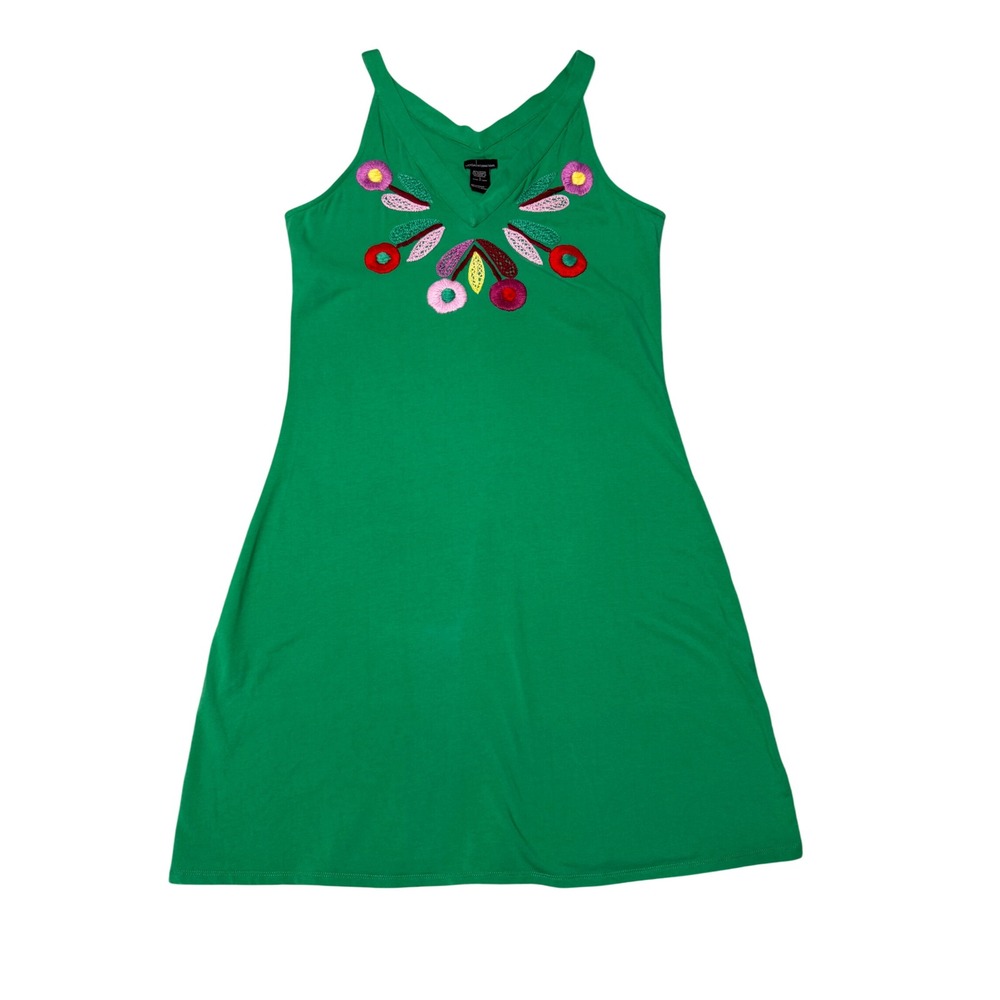 Moda International Green Embroidered Floral V-Neck A-Line Knit Dress Large